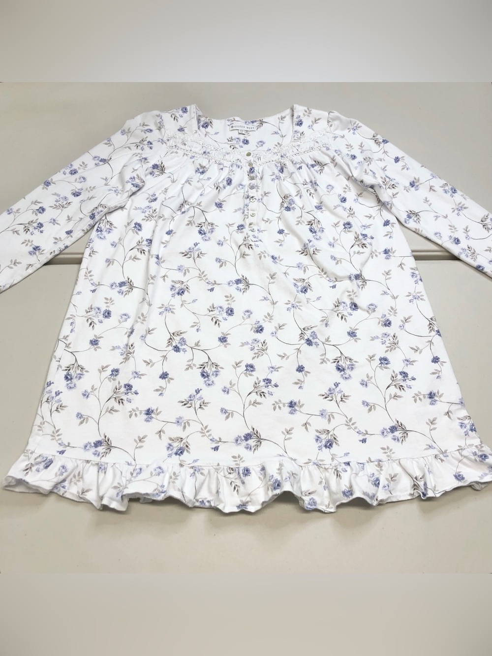 Eileen West Nightgown Womens M White Blue Floral Print Cotton Lace Cottage Core